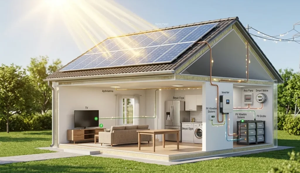 Modern bir evin kesit görünümü üzerinde güneş enerjisi sistemleri nasıl çalışır sorusunu yanıtlayan teknik fotorealistik görsel.